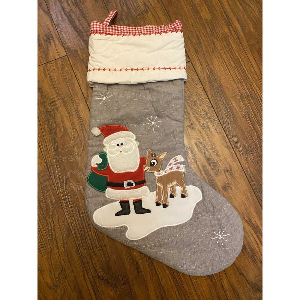 POTTERY BARN KIDS SANTA & RUDOLPH CHRISTMAS STOCKING QUILTED Gray ~ NO MONO